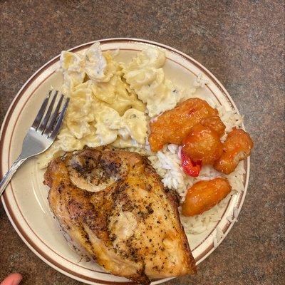 Fried Chicken Breast, Pasta Alfredo, and Orange Chicken with rice