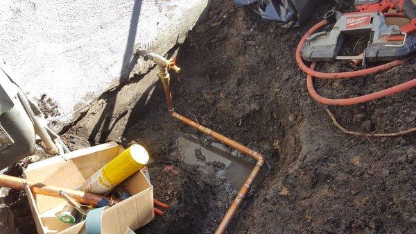 Water main broken, emergency  trench and install new copper line in same day.