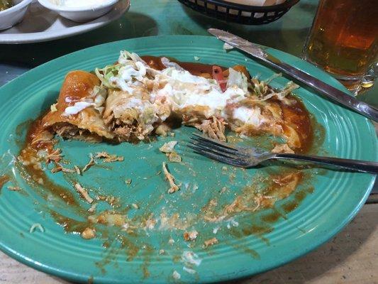 1/2 of my Enchiladas Rancheros. Washed it back with a full pitcher of model (especial). 2 chicken, 2 Cheese top with all the goodies. -JB.C