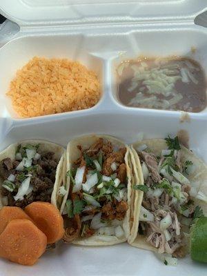 3 taco plate (Asada, Adobada, carnitas)