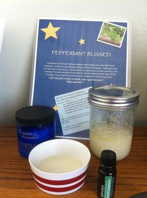 Peppermint Blissed, Peppermint Sea Salt Scrub of legs and feet, hot towel compress and Peppermint Stick Body Butter