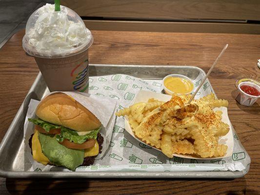 Cheeseburger add avocado, bbq fries with Carolina bbq, chocolate malt with whipped cream