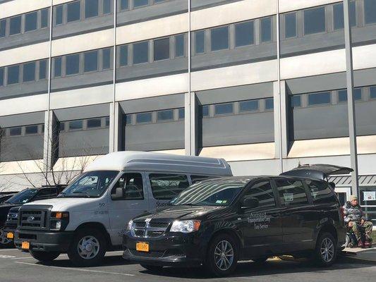 wheelchair cab and ambulette at a hospital