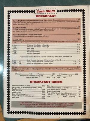 Dave's Diner Menu