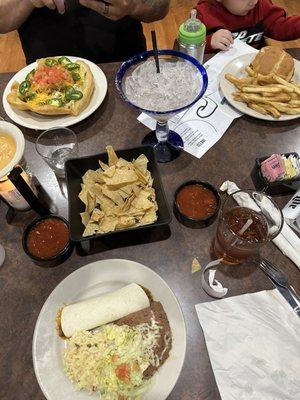 This is the Jr. Burrito, kids Cheeseburger and Taco Salad. Margarita, sweet tea, and sprite.