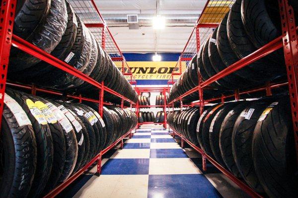 Hundreds of tires in stock: H-D, sport bike, sport touring, adventure, trail, moto, etc.  All major brands.