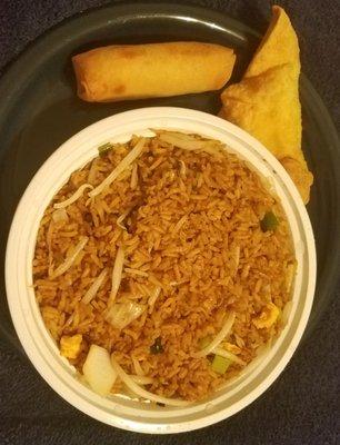 Plain fried rice bean sprouts,spring roll,crab rangoon