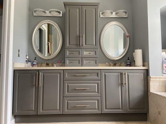 Thunder Clap Grey Bathroom Cabinets with custom 6"silver handle accents