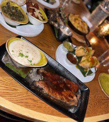 jerk brisket (12hr smoked and marinated) served with whipped cassava, in foreground.