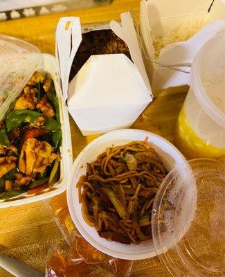 Egg drop soup, pork lo mein, chicken & snow peas, pork fried rice and white rice. We also ordered generals chicken and broccoli.