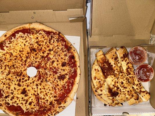 Cheese Pizza (extra sauce) & Garlic Bread