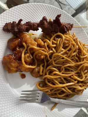 Beef on a stick, shrimp Lo mein general taos chicken