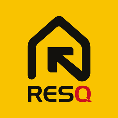 The ResQ logo features a black house silhouette with an integrated upward arrow on a bright yellow background...