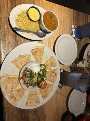 Quesadilla, Charro beans, rice, and queso