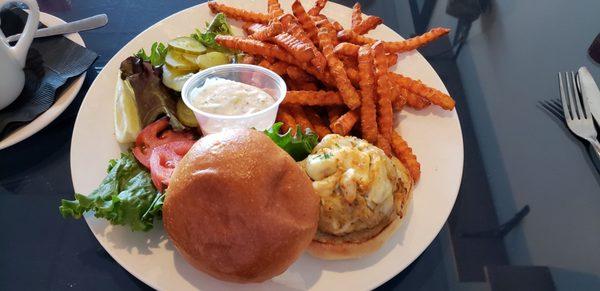 Crabcake sandwich and sweet potato fries