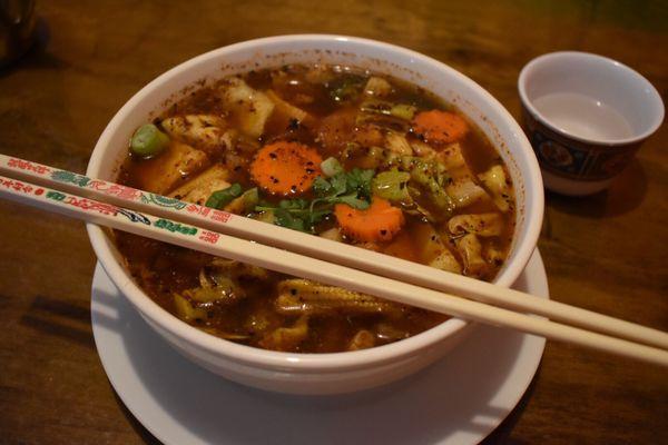 Tom Yum Noodle soup. Thicker broth than I'm used to but not bad.