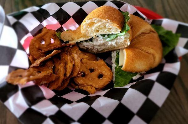 Chicken Salad croissant with pretzel chips