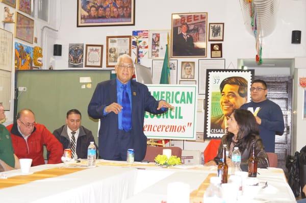 Augie Sallas at meeting celebrating Cesar Chavez birthday.