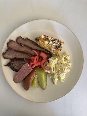 Smoked beef brisket, beef sausage, elotes,