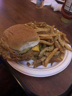 Deep fried cheeseburger with fries