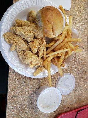 7 piece chicken strips, fries, roll, and gravy