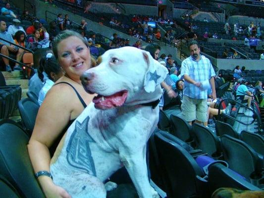 Me and my dog Chompers at the Silver Stars game! Boerne Grooming did a great job on her logo!!