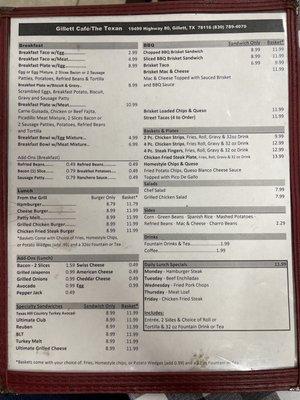 Gillett Cafe Menu