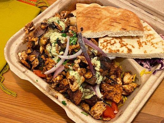 Chicken shawarma platt (added three skewers of other meat)