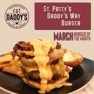 1/2 burger patty with a layer of Corned Beef, Cheddar Cheese, Handcut Beer Battered Onion Rings topped off with a Smoked Gouda Cheese Sauce!