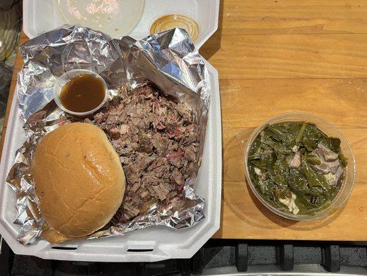 Chopped beef sandwich and greens