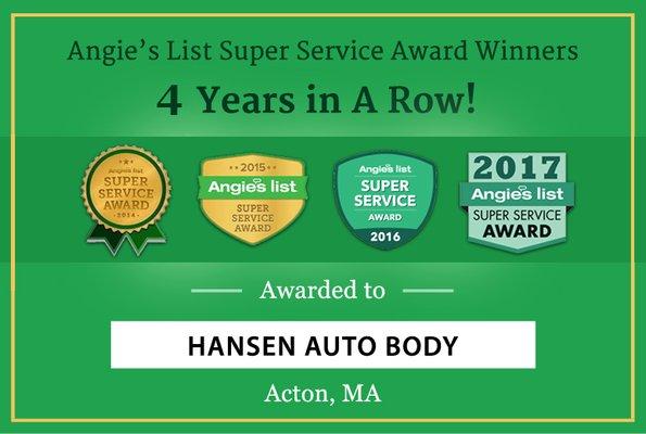 Hansen Auto Body Acton Received Angie's List Super Service Award 4 Years in a Row!