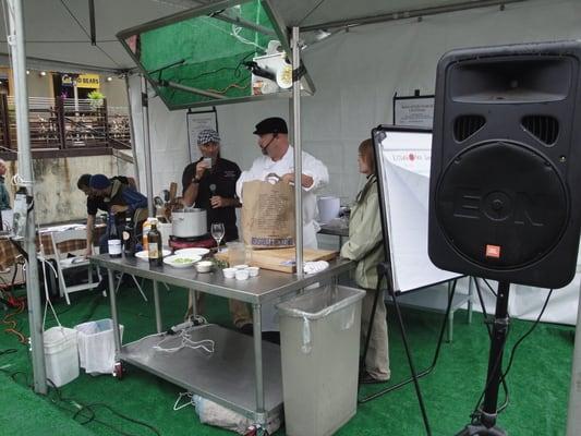 Kitchen on fire. Chef Todd Niess showing us how to make a Soupe Automne.