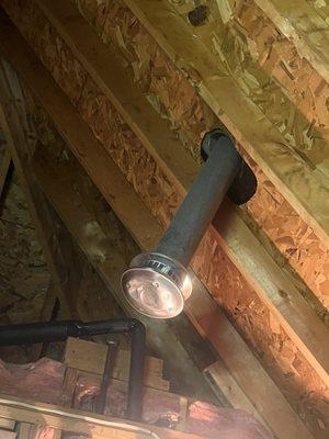 This pipe is supposed to be on your roof, not upside down in your attic!! Where it lakes, rain water! Into our Attic!