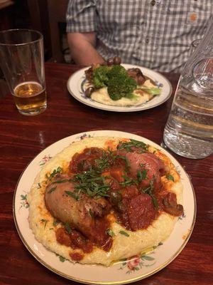 Stuffed pork chop with mashed potatoes  Hunters Chicken with polenta