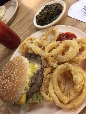 Great burger, rings and greens!