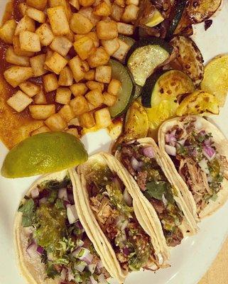 Street tacos, grilled veggies and potatoes