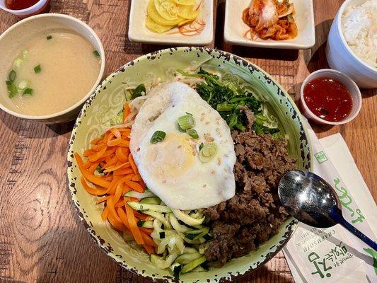 Bulgogi Bibimbap with rice, miso soup and side dishes