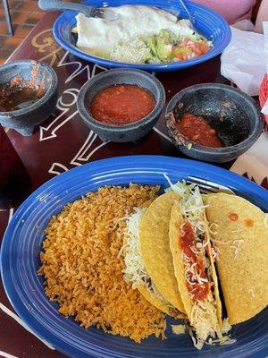 Three beef tacos with side of rice (substituted more rice no beans) Mexicano Burrito