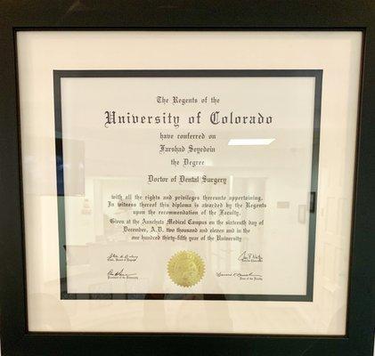 Farshad Seyedein,Diploma: University of Colorado, Doctor of Dental Surgery