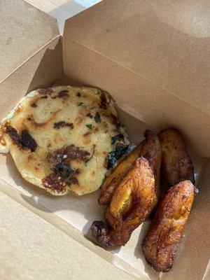 Pupusa Combo with queso, spinach, and mushroom! Not pictured: Slaw, Beans, Sauce, and Crema.