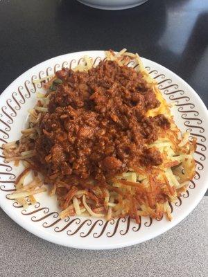 Hashbrowns scattered, covered, peppered, and topped