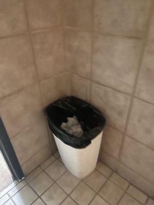 Small, one, trashcan in ladies bathroom