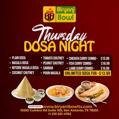 Attention Foodies! Thursday nights just got better with our #DosaNight 
Unlimited dosa for only $13.99!
Dine-in only at Biry