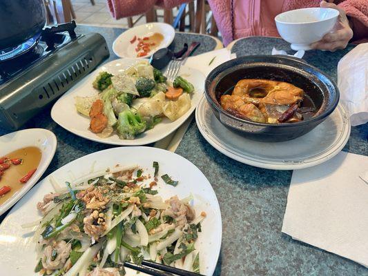 Fish in clay pot (cá kho tộ), bò tái chanh (lemon juice beef salad), veggies stir fried