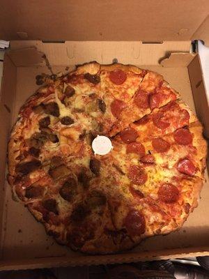 Half onion with eggplant and half pepperoni