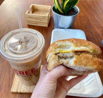 Sausage breakfast sandwich. Iced vanilla latte.