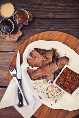 Smoked brisket with two sides.