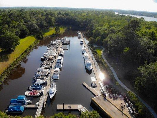 Overhead view of river access and boat slips