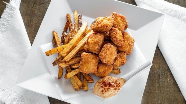 Homemade Chicken Nuggets - Real homemade chicken nuggets (local farm raised chicken) served w/ french fries.