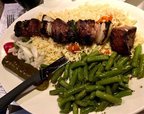 Beef kabobs, rice & green beans